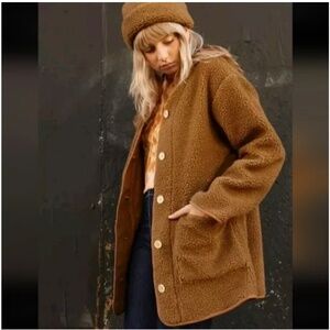 Lykke Wuulf Sherpa Ranch Jacket Driftwood Oversized Brown Button‎ Up Small